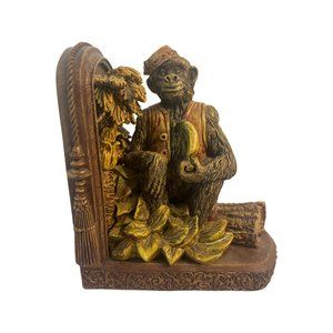 Vintage 1990s Dressed Seated Monkey with Bananas  Bookend British Colonial Resin